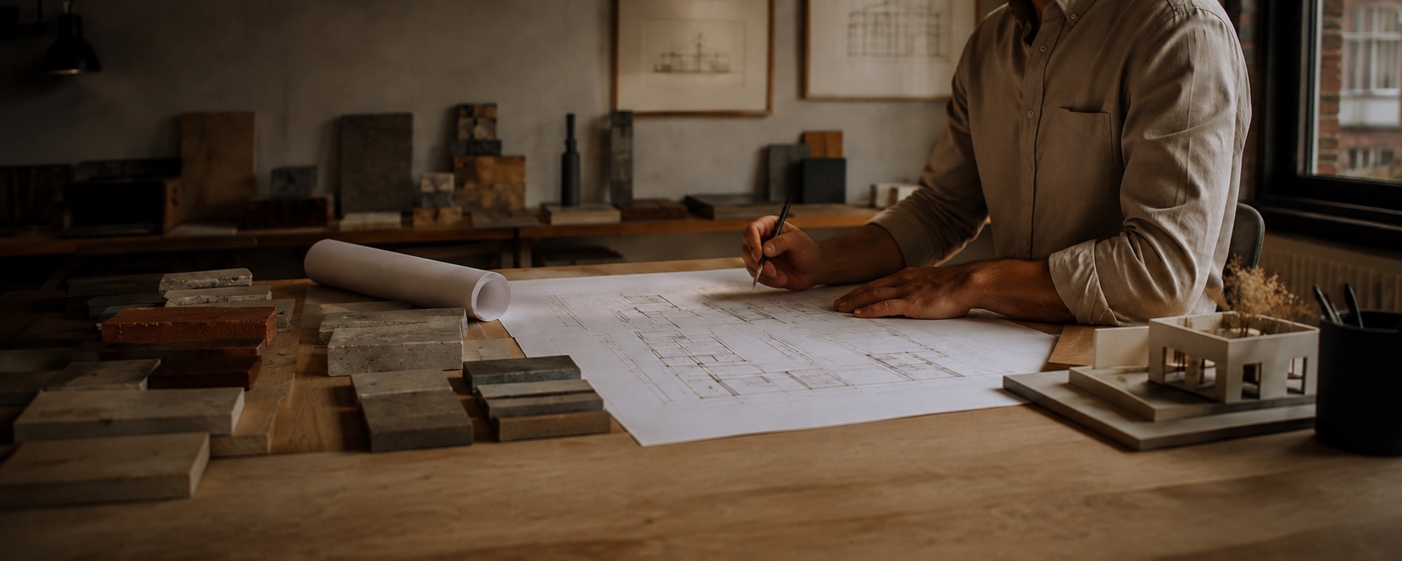 Bouwkundig overleg aan een tafel met tekeningen