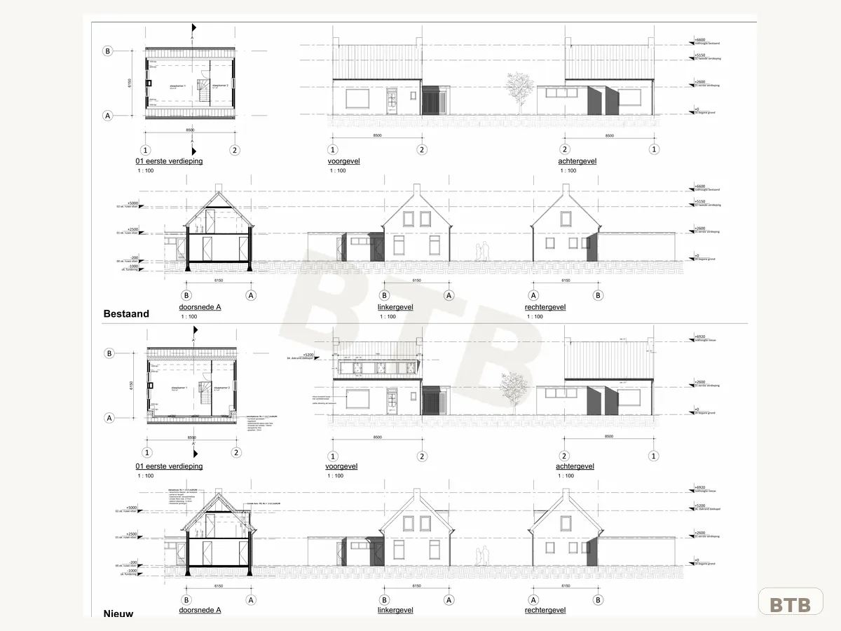 Bouwtekening voor een dakkapel en nokverhoging in Hornhuizen