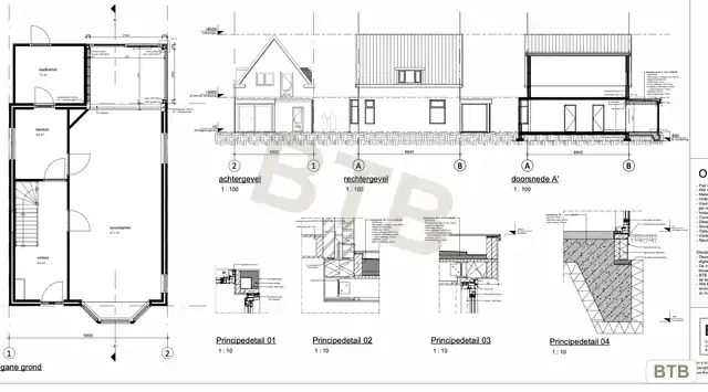 Bouwkundige tekening met plattegronden, gevels, doorsneden en details voor een aanbouw in Oostvoorne