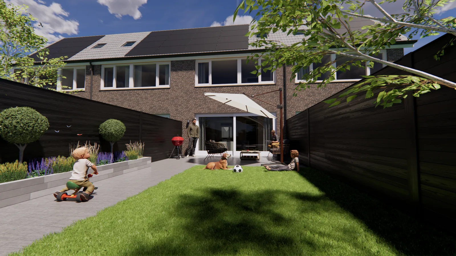 3D-visualisatie van een woningverbouwing met tuin en achtergevel